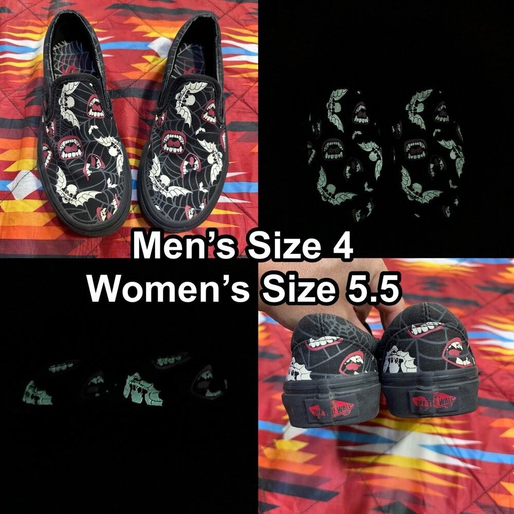 Vans Classic Slip-On Halloween Glow in Dark Vampire Fangs Men’s 4 Women’s 5.5